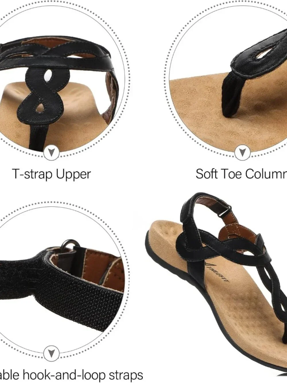 Athlefit Women's Orthopedic Arch Support Flat Sandals - Black T-Strap Size 10